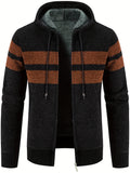 kkboxly  Block Color Warm Fleece Hooded Jacket, Men's Casual Slightly Stretch Zip Up Jacket Coat For Fall Winter