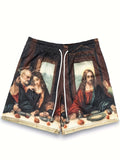 kkboxly kkboxly Men's Stylish Loose Illustration Pattern Shorts, Active Breathable Comfy Drawstring Shorts For Hiking Jogging Cycling Outdoor Fitness Workout