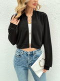 Solid Crew Neck Crop Jacket, Casual Zipper Front  Outerwear For Spring & Fall, Women's Clothing