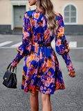 kkboxly Abstract Print Tucked Dress, Boho Long Sleeve Mock Neck Dress, Women's Clothing