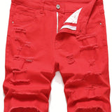 kkboxly  Ripped Design Denim Shorts, Men's Casual Street Style Mid Stretch Denim Shorts For Summer
