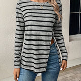 2025 kkboxly  Stripe Print Slit Hem T-Shirt, Casual Long Sleeve Top For Spring & Fall, Women's Clothing