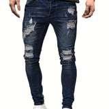 kkboxly  Slim Fit Ripped Jeans, Men's Casual Street Style Distressed Mid Stretch Denim Pants For Spring Summer