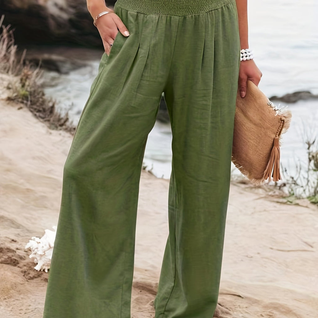 kkboxly  Shirred Waist Wide Leg Pants, Casual Solid Slant Pockets Pants For Summer & Spring, Women's Clothing