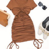 kkboxly  Kpop Drawstring Cut Out Bodycon Dress, Sexy Short Sleeve Ruched Dress For Summer, Women's Clothing