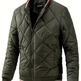 kkboxly  Men's Argyle Pattern Puffer Coat With Zipper Pocket, Casual Stand Collar Zip Up Slim Fit Warm Jacket For Outdoor Winter