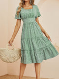 Kkboxly  Heart Print Midi Dress, Square Neck Drop Shoulder A-Line Dress, Women's Classic Casual Dresses For All Seasons, Women's Clothing