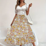 kkboxly  Boho Floral Print Tiered Skirts, Vacation High Waist Summer Layered Skirts, Women's Clothing