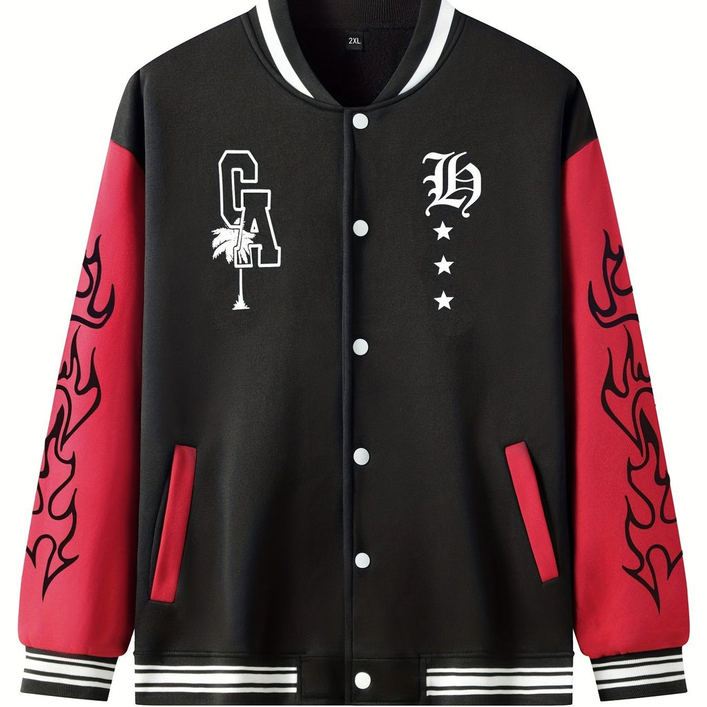 kkboxly  Warm Letter Print Star Pattern Embroidery Varsity Jacket, Men's Casual Color Block Button Up Jacket For Spring Fall School Baseball