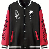 kkboxly  Warm Letter Print Star Pattern Embroidery Varsity Jacket, Men's Casual Color Block Button Up Jacket For Spring Fall School Baseball