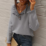 kkboxly  Solid V Neck Button Ruffle Hem Pullover Sweater, Casual Long Sleeve Sweater For Fall & Winter, Women's Clothing