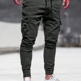 Trendy Solid Drawstring Cargo Pants, Men's Multi Flap Pocket Trousers, Loose Casual Outdoor Pants, Men's Work Pants Outdoors Streetwear Hip Hop Style