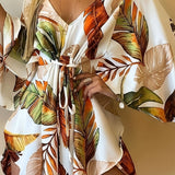 Kkboxly   Full Printed V Neck Dress, Casual Tie Waist Batwing Sleeve Dress, Women's Clothing