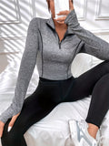 kkboxly  Zipper Collar  Mock Neck Casual Sports Cropped Sweatshirt With Thumb Hole, Solid Color Long Sleeve Active Sweatshirt, Women's Tops