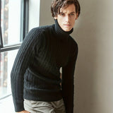 kkboxly  Turtle Neck Knitted Texture Sweater, Men's Casual Warm Solid Color Mid Stretch Pullover Cotton Sweater For Fall Winter