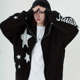 kkboxly  Y2K Star & Letter Pattern Knit Cardigan, Zip Up Long Sleeve Oversized Sweater, Women's Clothing