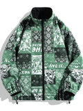 kkboxly  Men's Floral Graphic Print Reversible Jacket For Spring/autumn, Oversized Fashion Band Collar Coat For Males, Plus Size