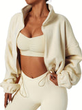 kkboxly  Zip Up Drop Shoulder Jacket, Casual Solid Long Sleeve Drawstring Crop Jacket For Fall, Women's Clothing
