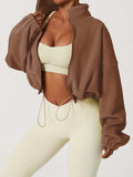 kkboxly  Zip Up Drop Shoulder Jacket, Casual Solid Long Sleeve Drawstring Crop Jacket For Fall, Women's Clothing