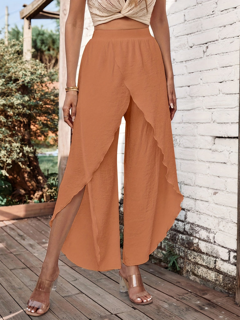 kkboxly  Split Solid Pants, Vacation High Waist Long Length Pants For Spring & Summer, Women's Clothing