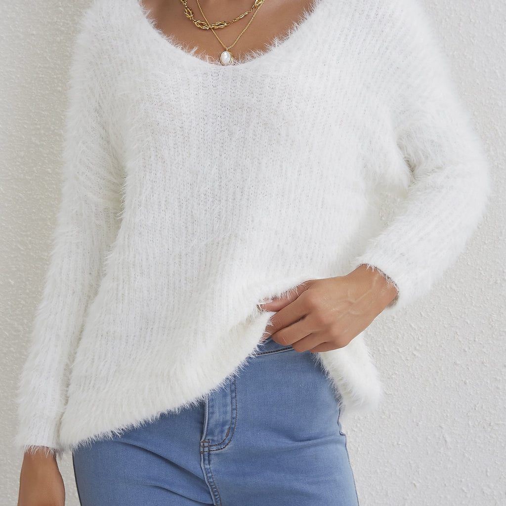 kkboxly  Solid Fuzzy Knit Sweater, Elegant V Neck Long Sleeve Sweater For Fall & Winter, Women's Clothing