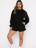kkboxly  2 Pieces Solid Color Casual Sports Set, Crew Neck Long Sleeve Pullover Shirts & Drawstring Sweatpants, Women's Activewear