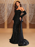 kkboxly  Off-shoulder Sequin Sweep Train Dress, Elegant Sweetheart Neck Long Sleeve Tiered Dress, Women's Clothing