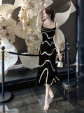 kkboxly  Wavy Striped Print Dress, Elegant Spaghetti Sleeveless Bodycon Midi Dress, Women's Clothing
