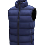 kkboxly  Warm Winter Vest, Men's Casual Zipper Pockets Stand Collar Zip Up Vest For Fall Winter