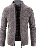 kkboxly  Warm Stand Collar Fleece Jacket, Men's Casual Comfortable Solid Color Zip Up Knitted Cardigan For Spring Fall