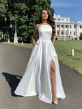 kkboxly  Plus Size Sexy Bridesmaid Dress, Women's Plus Solid Satin Square Neck High Slit Maxi Party Formal Dress With Pockets