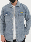 kkboxly  Chinese Character Print Denim Jacket, Casual Street Style Lapel Button Up Jacket