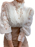 kkboxly  Women's Blouse Lace Puff Sleeve Lantern Sleeve Solid Pleated Women Blouse