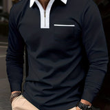 kkboxly Men's Casual Long Sleeves Zip Up Polo Shirts With Chest Pocket, Lapel Collar Tops Pullovers, Men's Clothing For Summer