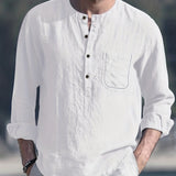 kkboxly  Cotton Linen Tops, Men's Plus Size Loose Casual Streetwear With Pocket, Simple All-match Solid O-Neck Long Sleeve Shirts