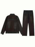 kkboxly kkboxly  Men's Outfit Set, Lapel Long Sleeve Vintage Style Denim Jacket And Pants, 2-piece Set For City Walk Street Hanging Outdoor Activities