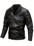kkboxly  Men's Casual Pu Leather Jacket, Chic Stand Collar Biker Jacket