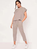 kkboxly  Casual Solid Pantsuits Two-piece Set, Short Sleeve Round Neck Tops & Drawstring Cropped Pants Set, Women's Clothing