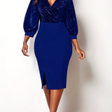 kkboxly  Elegant Skinny Shiny Dress, Long Sleeve V-neck Dress For Party & Banquet, Women's Clothing