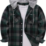 kkboxly  Drawstring Hooded Flannel Shirt, Men's Casual Various Colors Plaid Button Up Shirt For Spring Summer