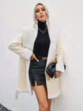 kkboxly  Color Block Belted Lapel Outwear, Versatile Long Sleeve Warm Coat For Fall & Winter, Women's Clothing