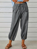 kkboxly  Plus Size Casual Pants, Women's Plus Solid Bow Knot Elastic Button Decor Pants With Pockets