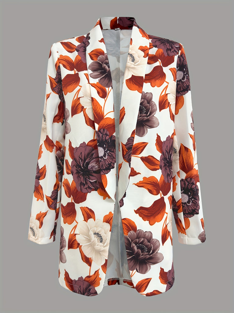 kkboxly  Floral Print Open Front Lapel Collar Blazer, Casual Long Sleeve Blazer For Work, Women's Clothing