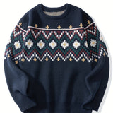All Match Retro Knitted Sweater, Men's Casual Warm Slightly Stretch Crew Neck Pullover Sweater For Men Fall Winter