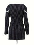 kkboxly  Striped Bow Tie Dress, Party Wear Squared Neck Long Sleeve Mini Dress, Women's Clothing