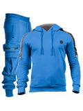 kkboxly Men's Casual 2pcs Set, High Stretch Sports Hoodie & Multi Pocket Joggers Matching Set For Gym Workout Training