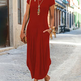 kkboxly  Solid Color Crew Neck Dress, Casual Short Sleeve Ankle Dress For Spring & Summer, Women's Clothing