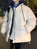 kkboxly  Men's Fake Two-piece Padded Hooded PU Jacket, Loose Fashionable Warm Outdoor Hooded Cotton Coat In Winter