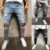 kkboxly  Slim Fit Ripped Jeans, Men's Casual Street Style Distressed Mid Stretch Denim Pants For Spring Summer