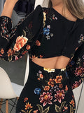 kkboxly  Floral Print Bodycon Dress, Vintage Back Cut Out Crew Neck Long Sleeve Dress, Women's Clothing